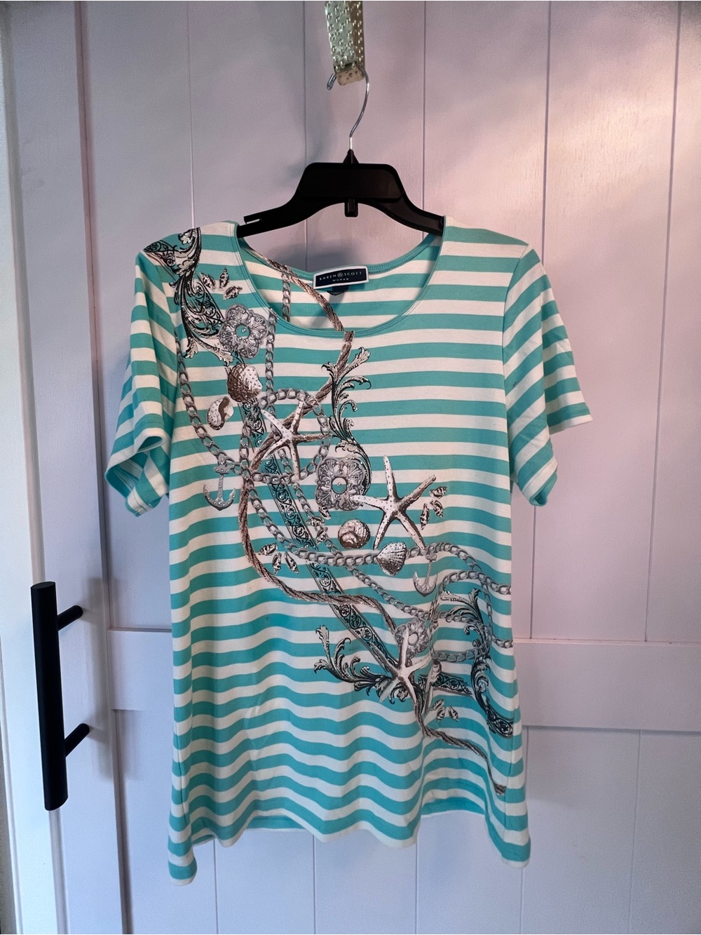 Karen Scott Mint and White Striped Short Sleeve Tee with Nautical Motif